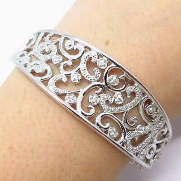 925 Sterling Silver Ornate Swirl Hinged Bangle Bracelet 7